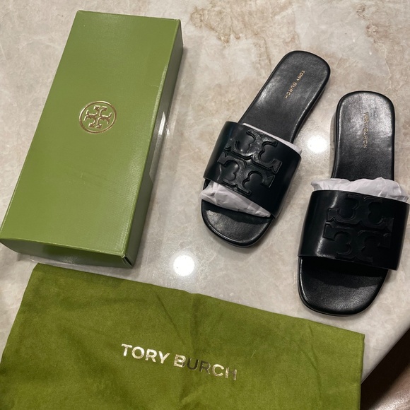 Tory Burch Women's Ines Leather Flat Slide, Black, 6 - Picture 3 of 3